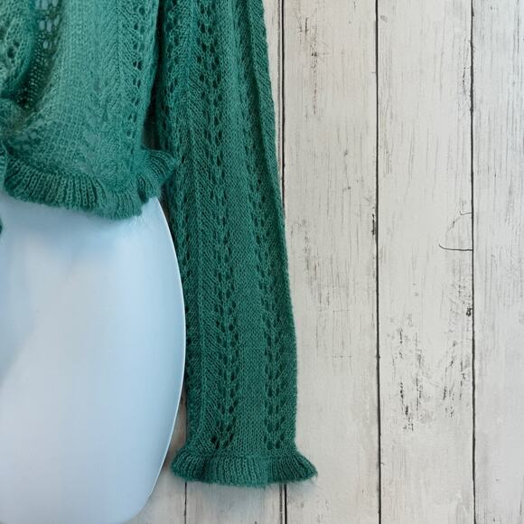 W by Worth Teal Mohair Blend Open Knit Tie Front Cropped Sweater Size Medium - Picture 3 of 10